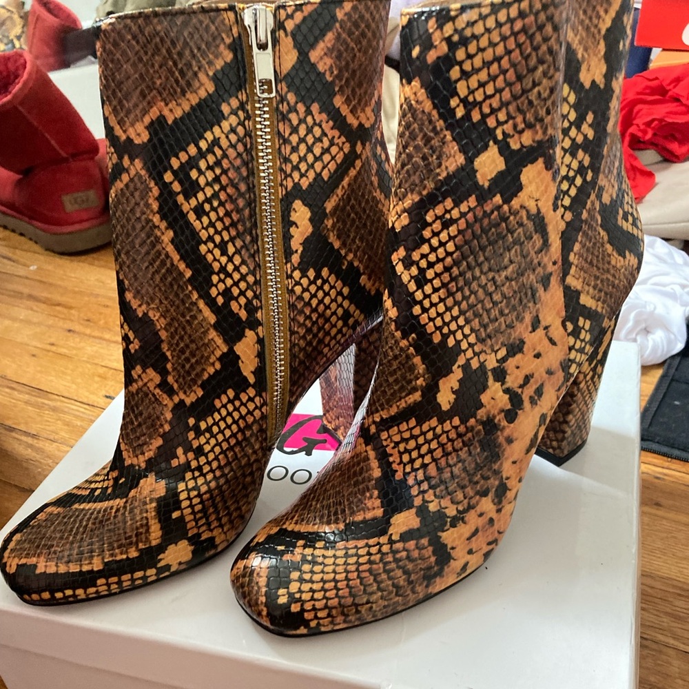 Orange/Black snakeskin booties